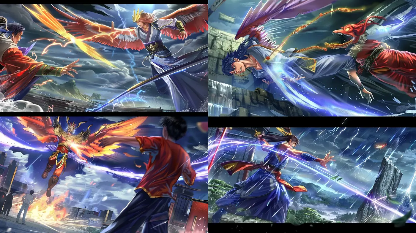Dynamic Anime-Inspired Battle Scenes with Vivid Color Blends and Expressive Motion - Midjourney sref style
