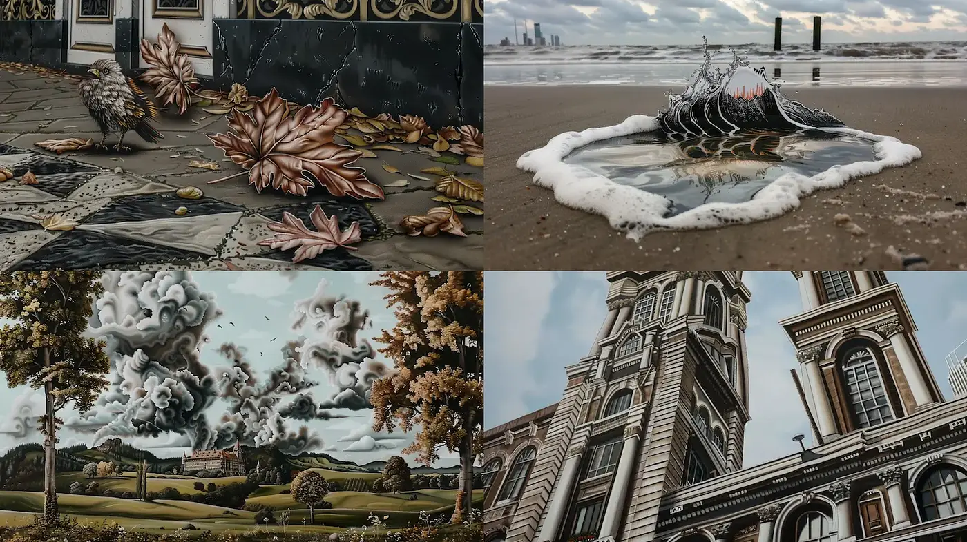 Intricate and surreal depictions of nature and architecture with dramatic contrasts - Midjourney sref style