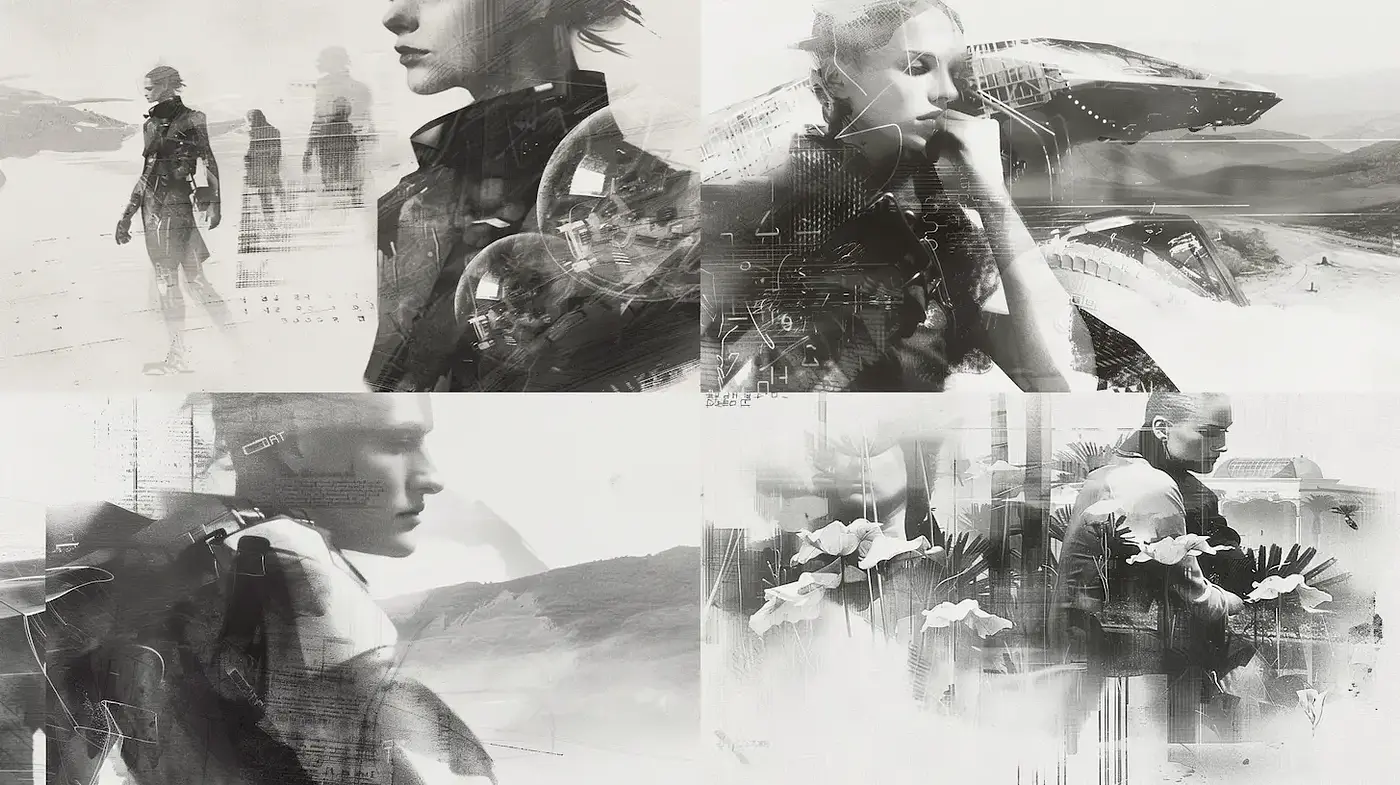 Futuristic noir aesthetics with a strong focus on high contrast and abstract forms - Midjourney sref style