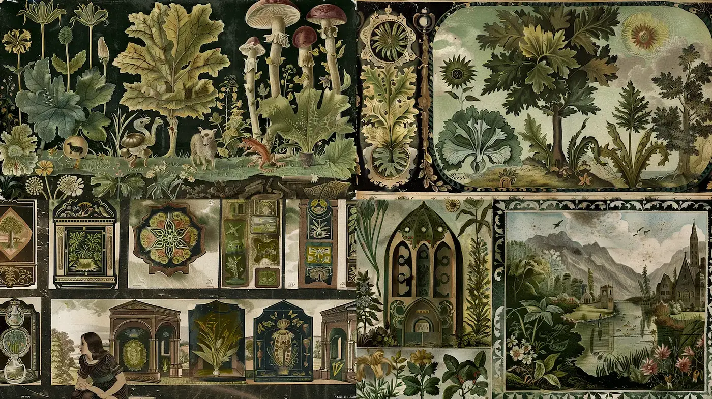Whimsical Botanical Collage with Vintage Aesthetic and Detailed Motifs - Midjourney sref style