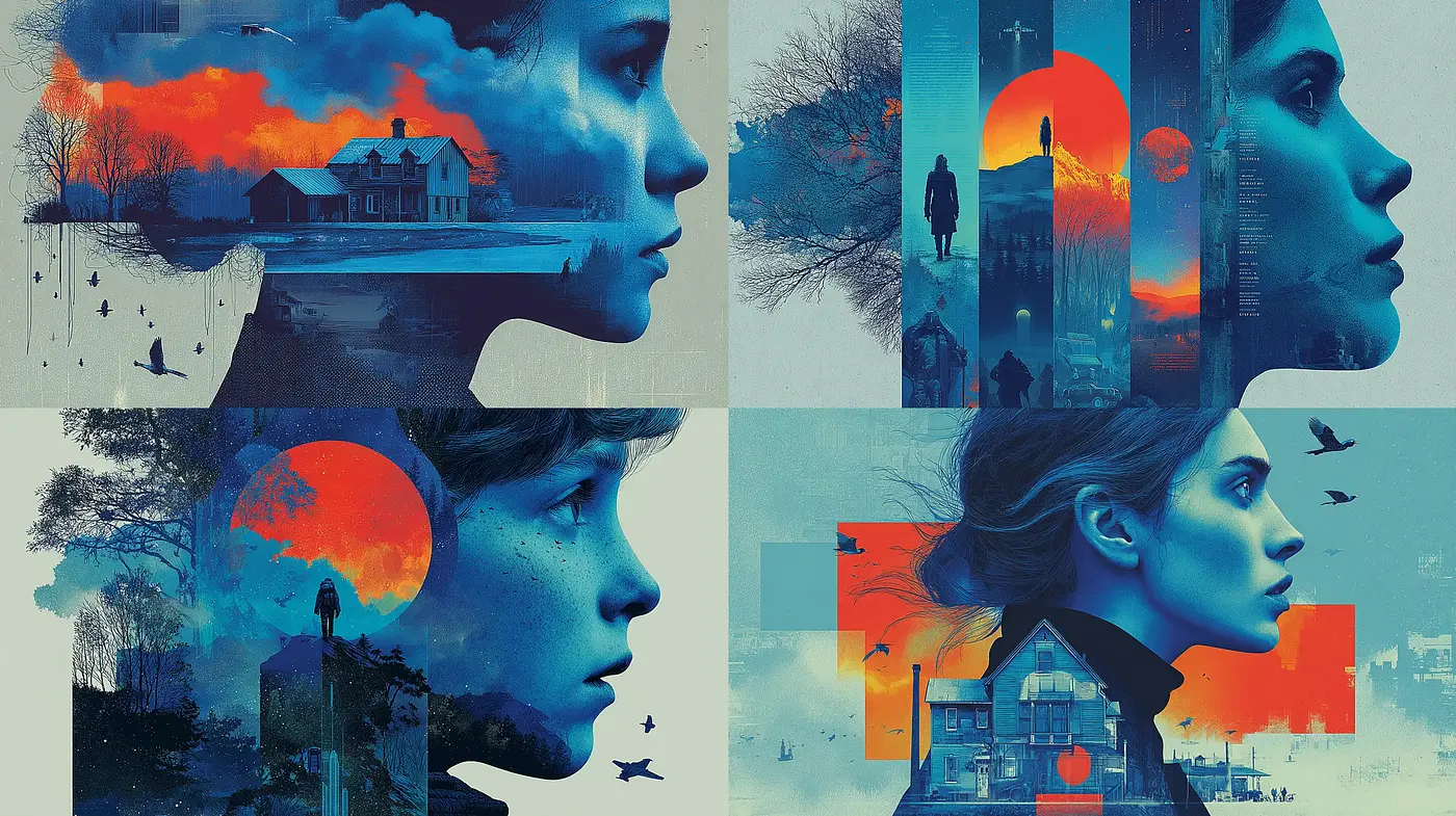 Intricate layers of blended silhouettes and landscapes with a surreal twist - Midjourney sref style