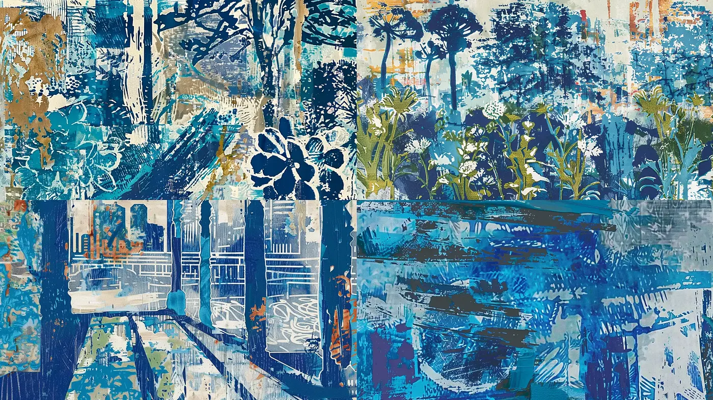 Harmonious Brushwork in Blue: A Textured Symphony of Nature and Abstraction - Midjourney sref style
