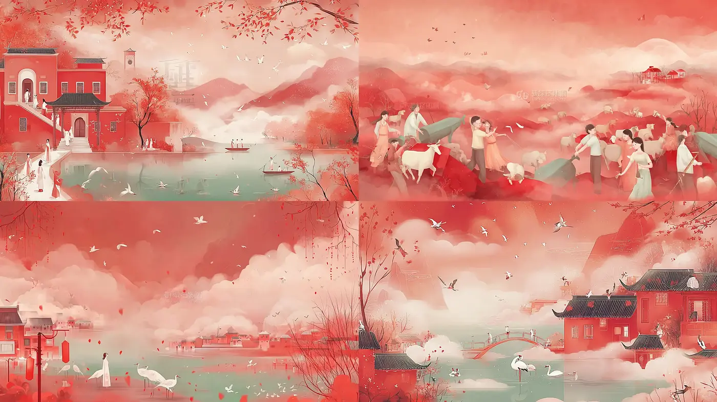 Serene and whimsical red-hued landscapes with traditional elements - Midjourney sref style