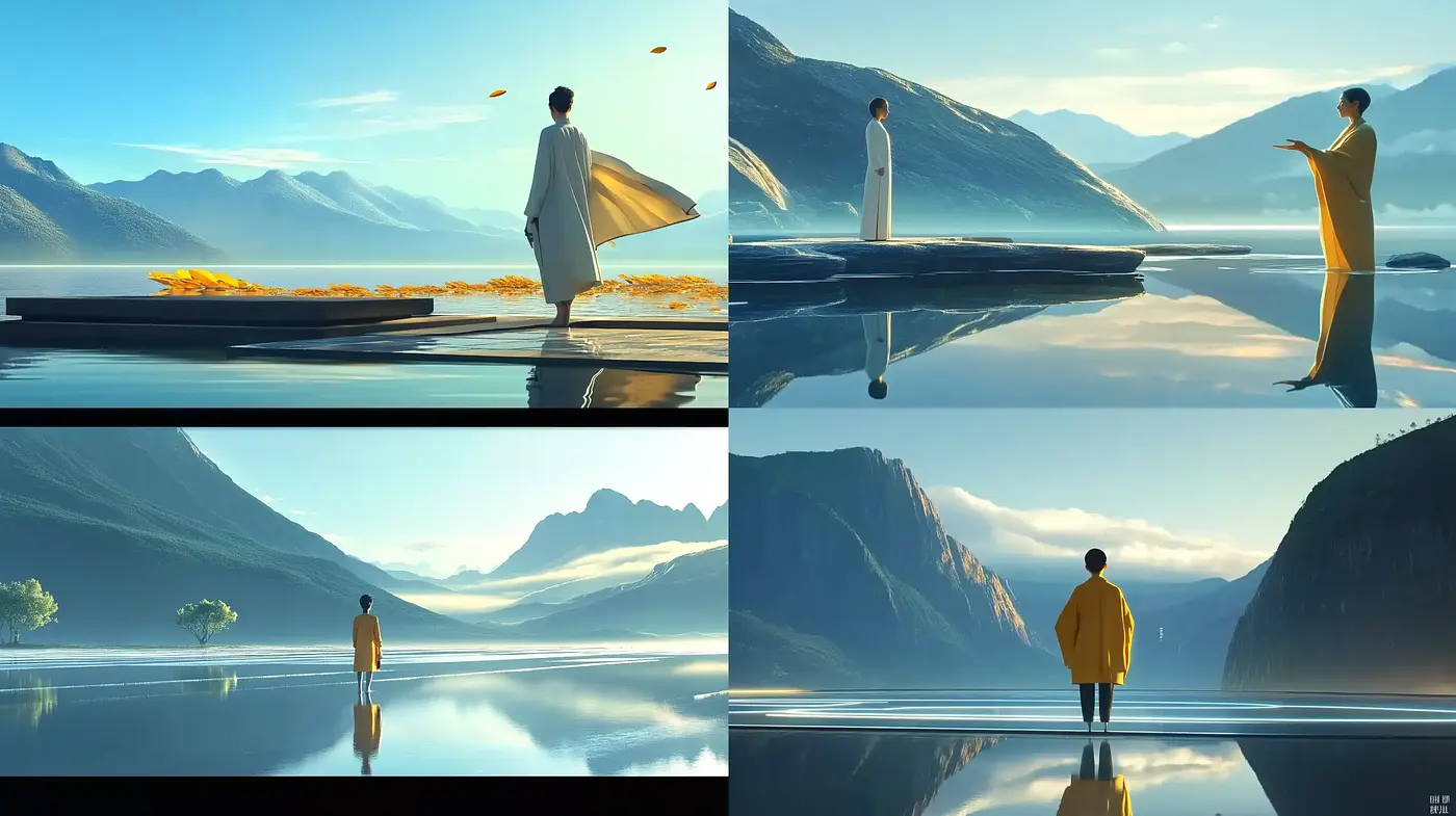 Tranquil Dawn: Reflective Serenity in a Surreal Landscape - Midjourney sref style