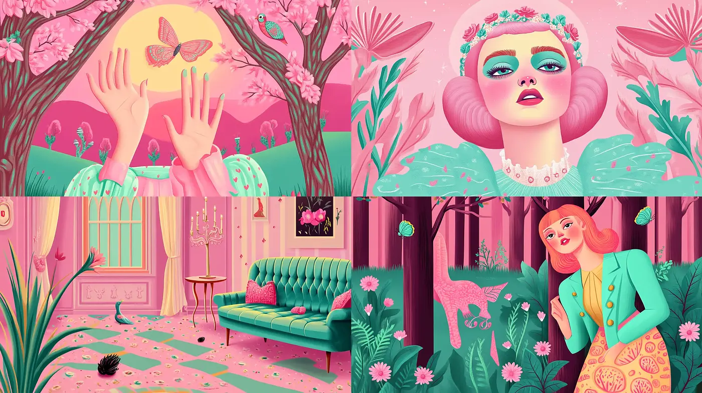 Enchanting Monochromatic Pink Dreamscape with Surrealist Overtones - Midjourney sref style