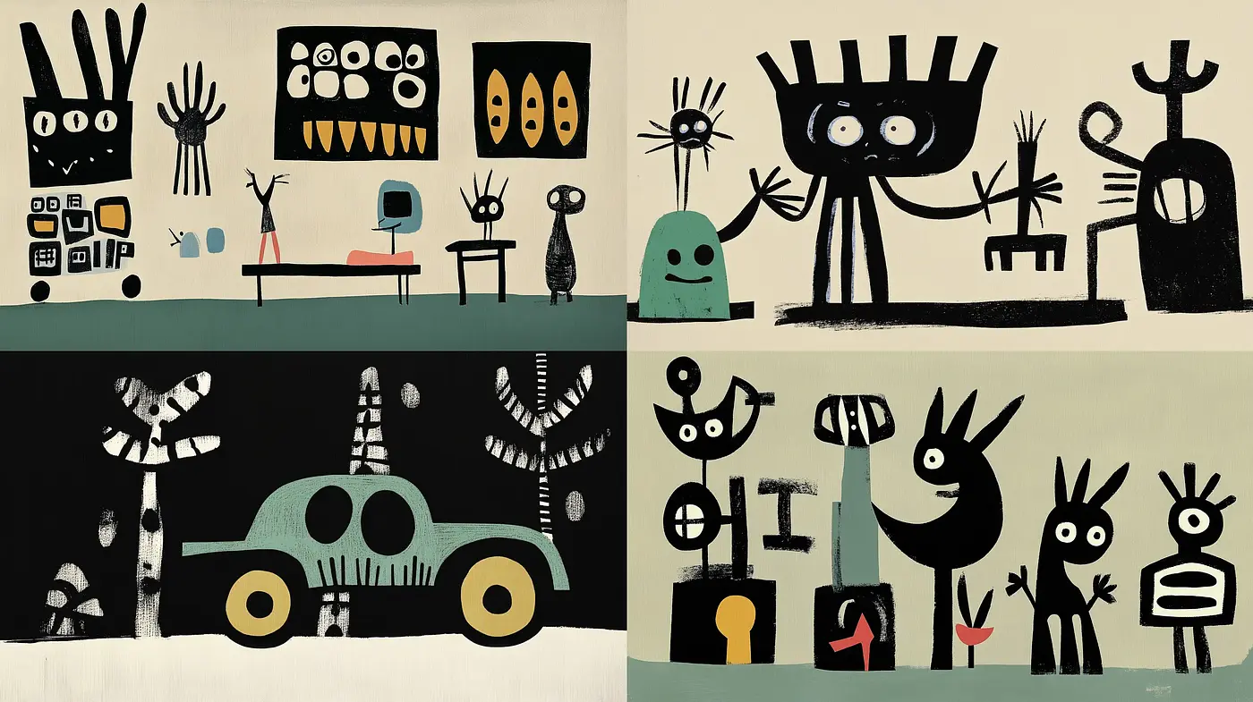Primitive Futurism: A Monochromatic Exploration in Folk Art and Modernism - Midjourney sref style