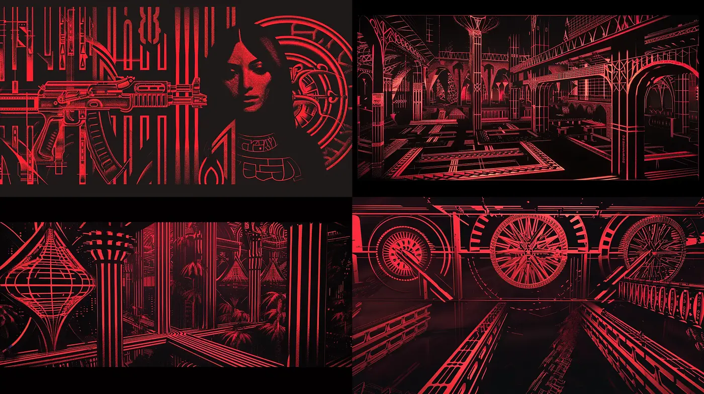 Neo-Gothic Synthwave Fusion with Luminescent Intricacies - Midjourney sref style