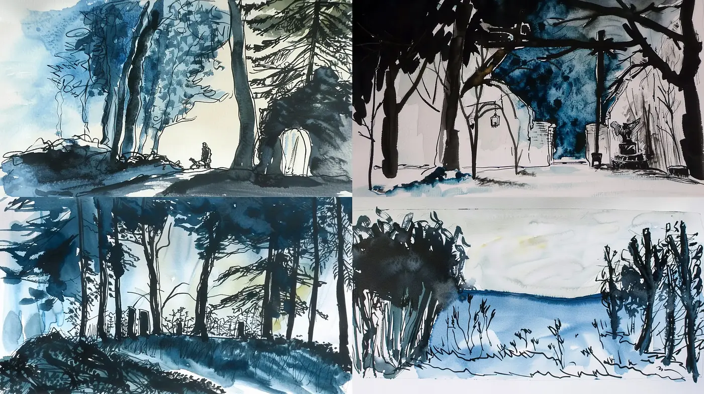 Monochromatic Ethereal Landscapes in Ink Wash Technique - Midjourney sref style