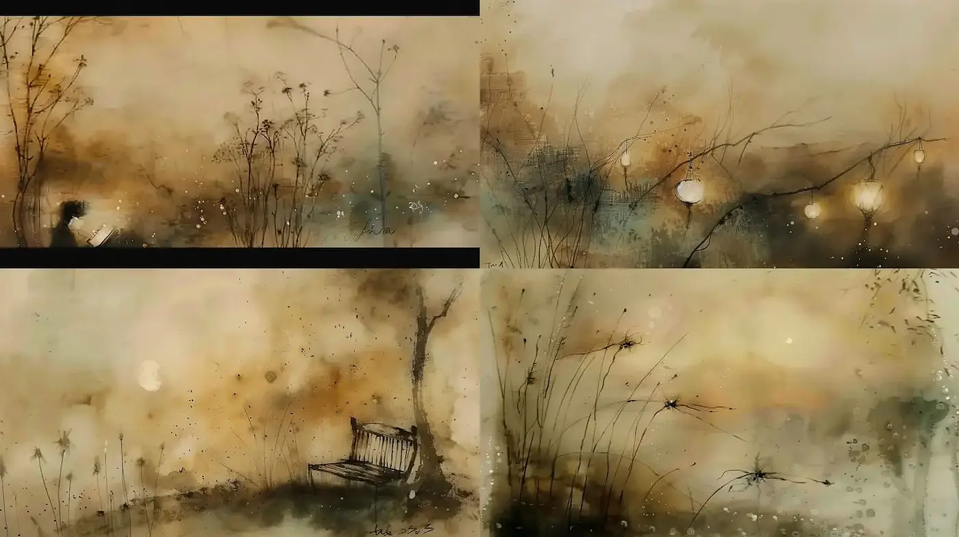 Misty Landscape Series with Delicate Watercolor Techniques - Midjourney sref style