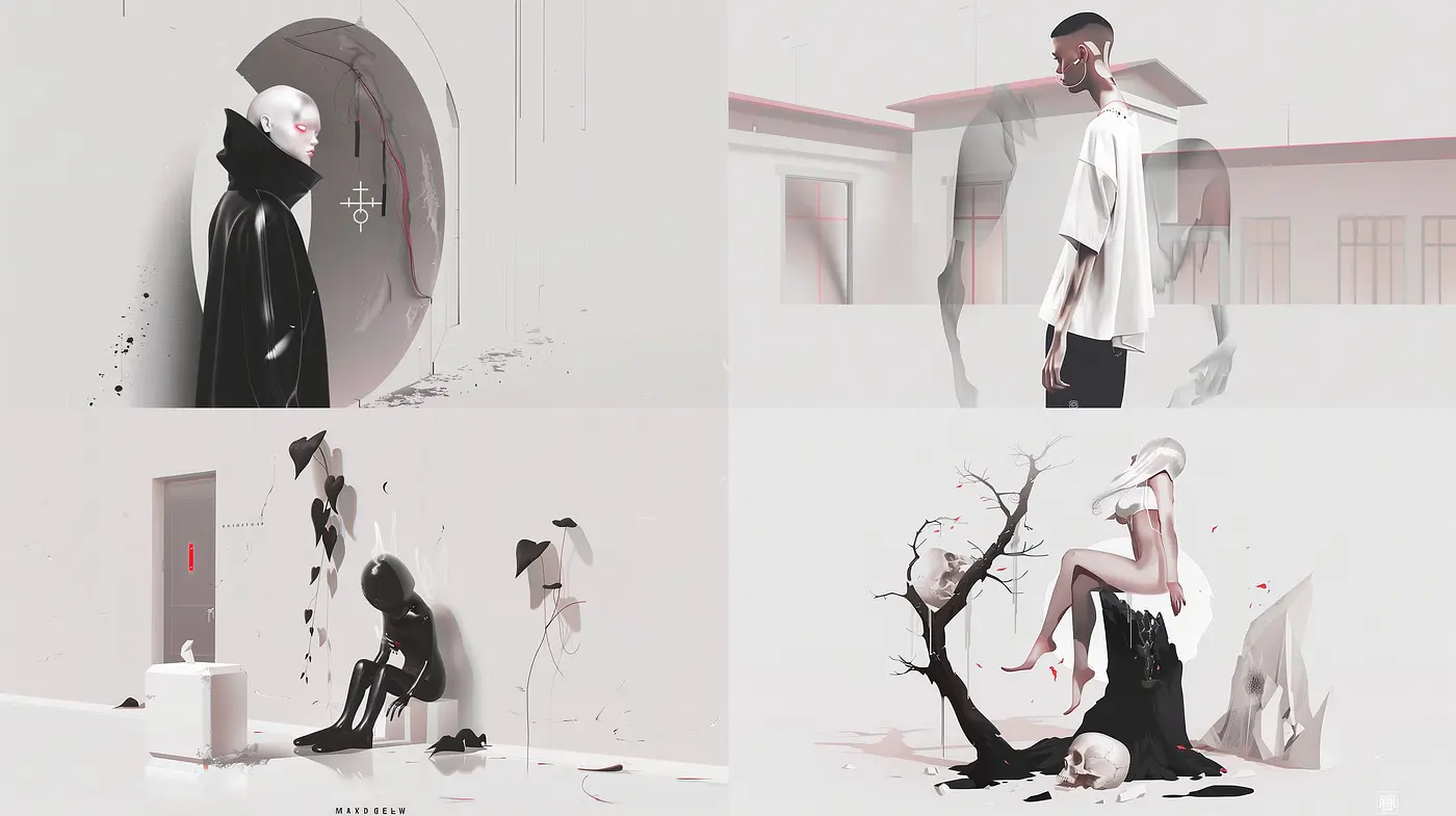 Ethereal Monochrome Elegance: A Study in Stark Contrasts and Surreal Environments - Midjourney sref style