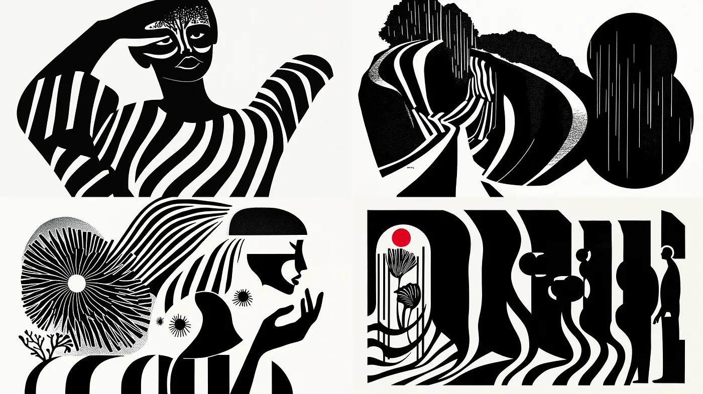 Monochrome Silhouettes and Organic Curves Art Style - Midjourney sref style