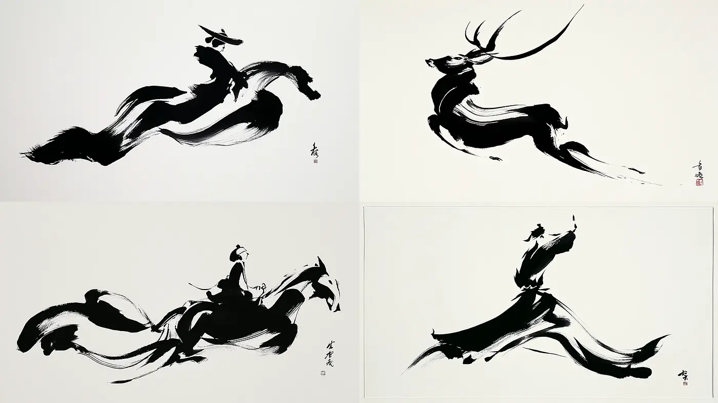 Dynamic and Fluid Ink Brush Illustrations with Eastern Aesthetic - Midjourney sref style