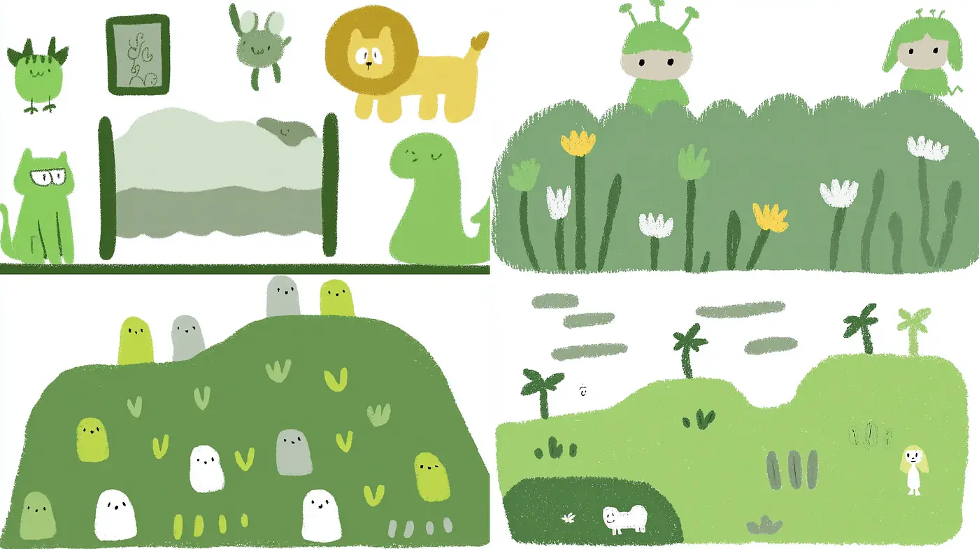 Playful Whimsy in a Soft Palette of Greens and Earthy Tones - Midjourney sref style