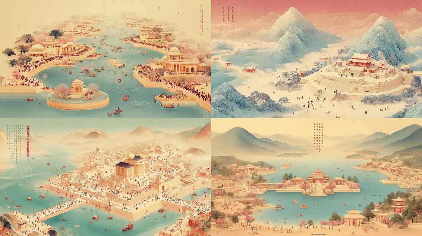 Harmonious Landscapes with Traditional Elements and Subdued Tones - Midjourney sref style