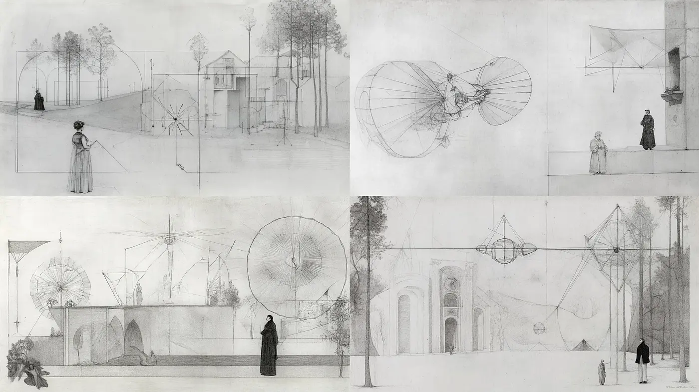 Ethereal Monochromatic Visions of Surrealist Mechanisms - Midjourney sref style