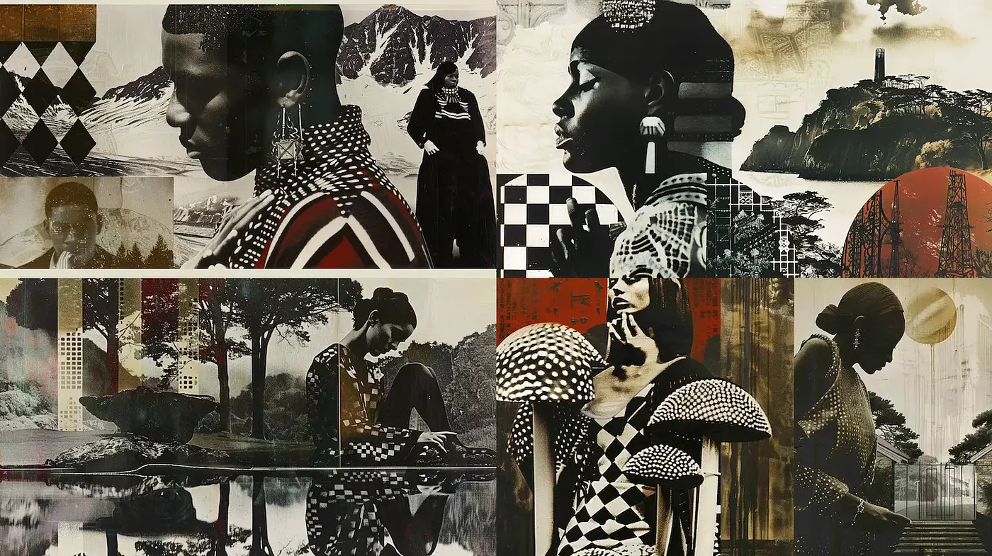 Stylized Mixed Media Composition with Nature Influence and Grayscale Elements - Midjourney sref style