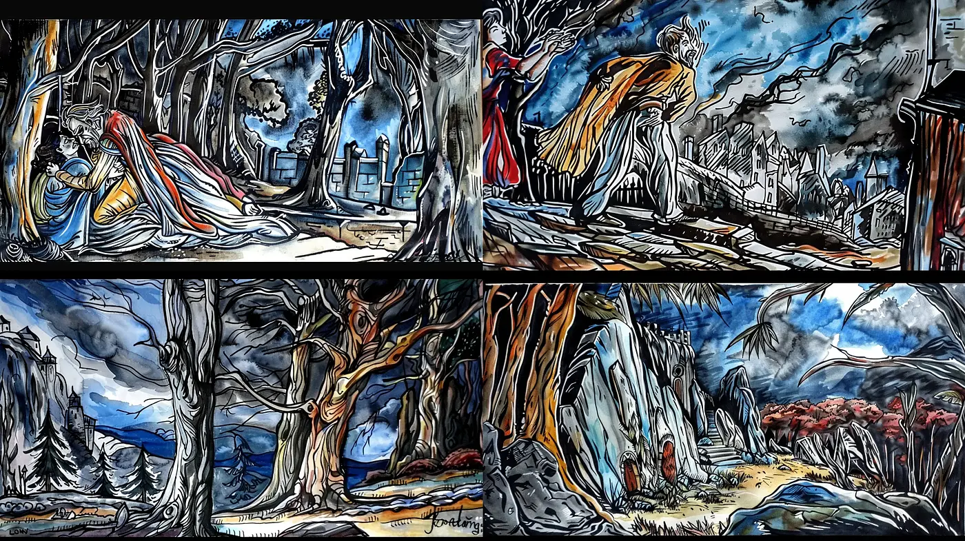 Gothic Reverie in Stylized Nature: A Dark Fairytale Fusion - Midjourney sref style