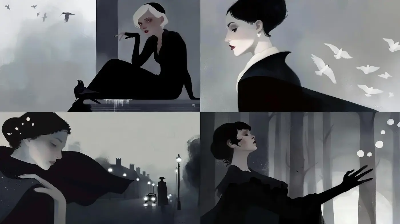 Elegant and Mysterious Monochrome Art with a Touch of Vintage Glamour - Midjourney sref style