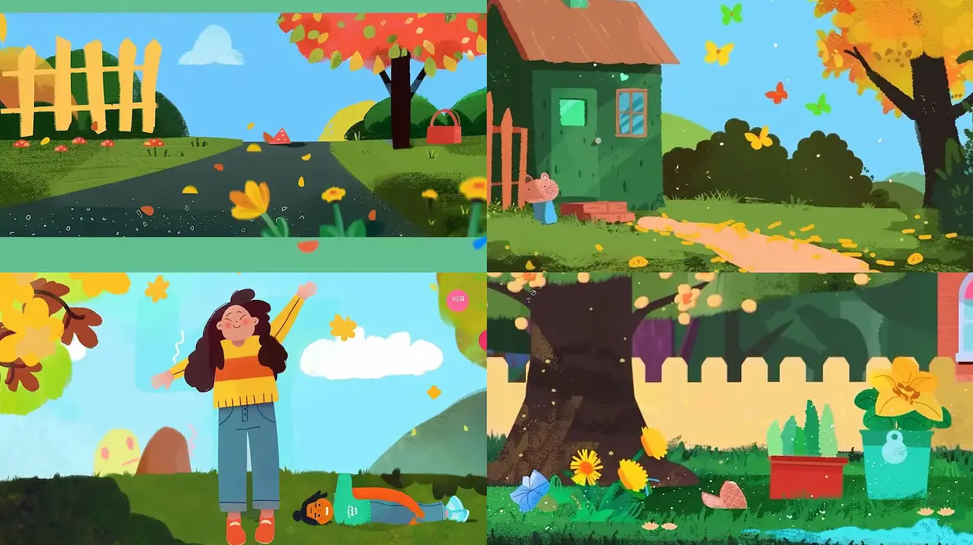 Whimsical autumnal scenes with a playful and vibrant aesthetic - Midjourney sref style