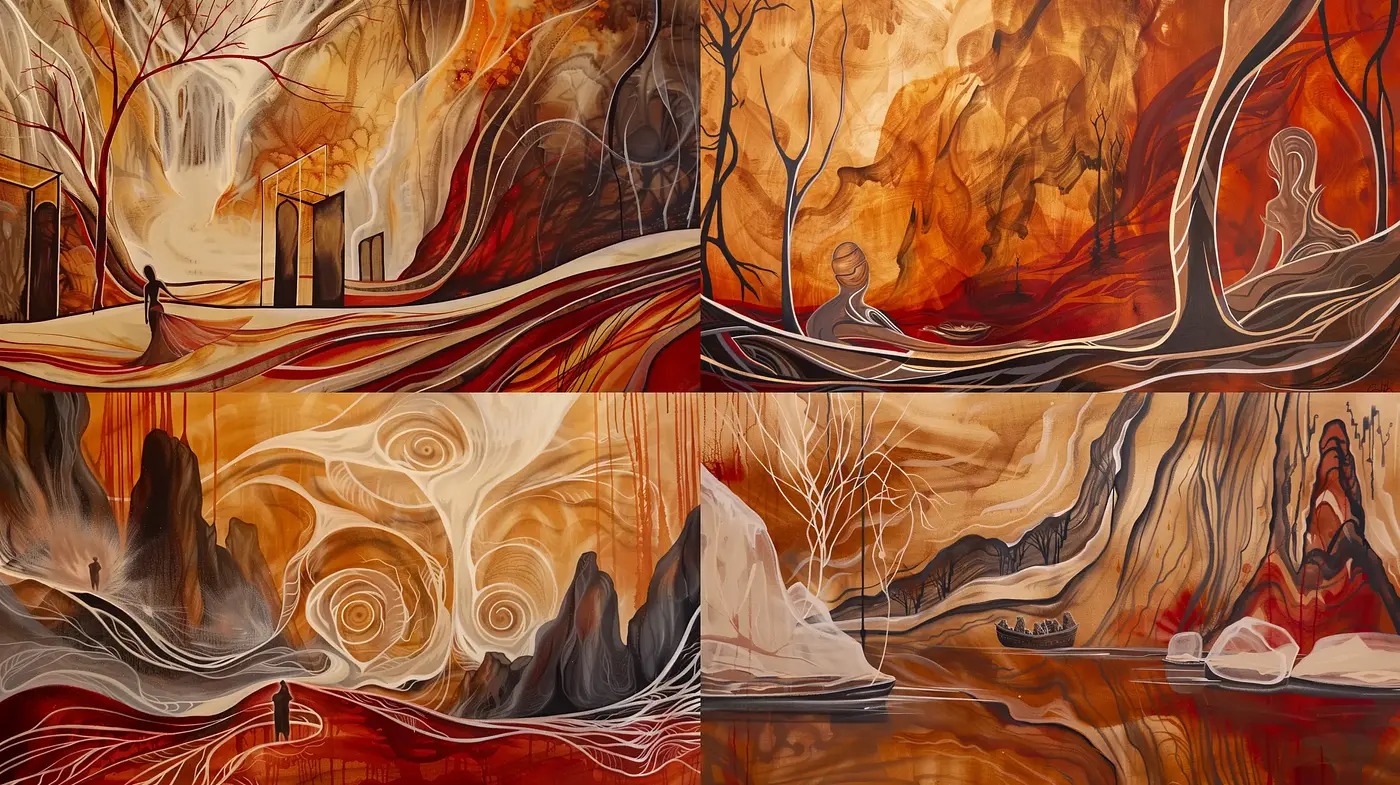 Ethereal Visions in Sepia: A Fusion of Swirling Movement and Serene Landscapes - Midjourney sref style
