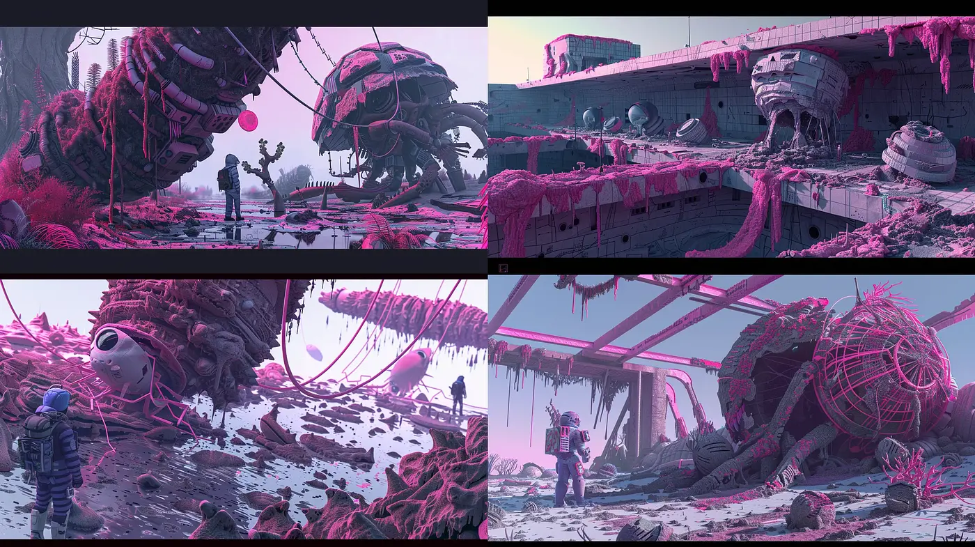 Dystopian Futurescape: A Study in Muted Purples and Cinematic Sci-Fi Desolation - Midjourney sref style