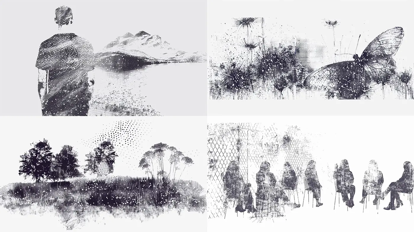 Monochromatic Textured Pointillism with a Contemplative Ambience - Midjourney sref style
