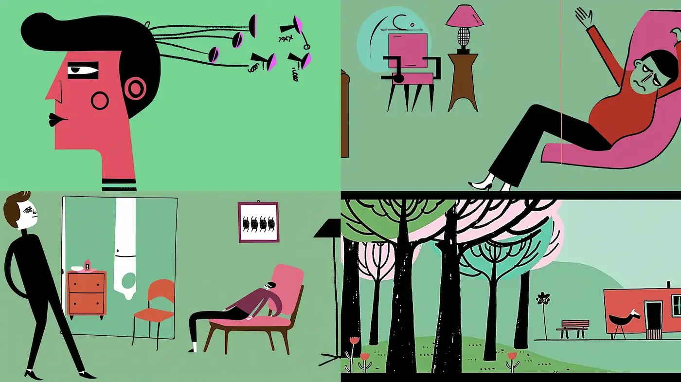 Stylized Mid-Century Aesthetic with Playful Surrealism and Soft Color Palettes - Midjourney sref style