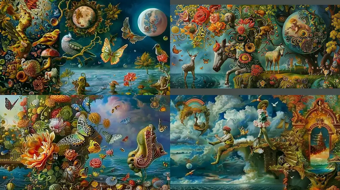 Dreamlike and vibrant surrealism with botanical elements - Midjourney sref style