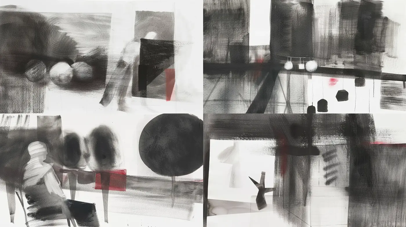 Monochrome Brushwork: Abstract Shadows and Red Accents - Midjourney sref style