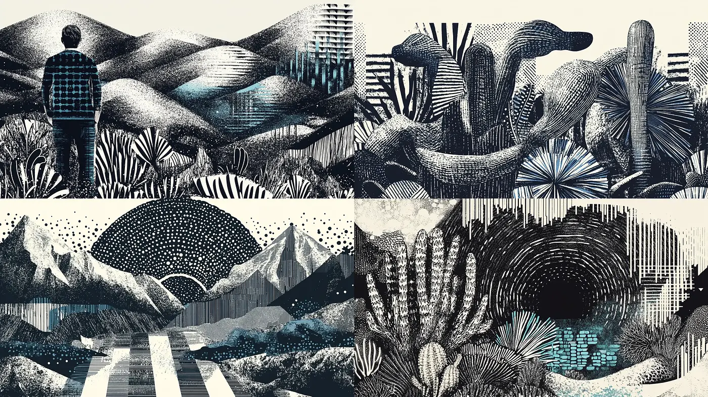 Monochromatic Crosshatched Dreamscape Illustrations - Midjourney sref style