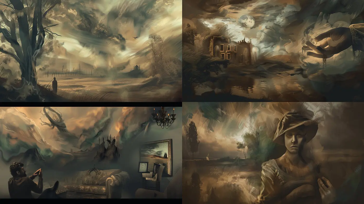 Ethereal Sepia Dreamscape: A Homage to Surrealist Visions in Monochrome - Midjourney sref style