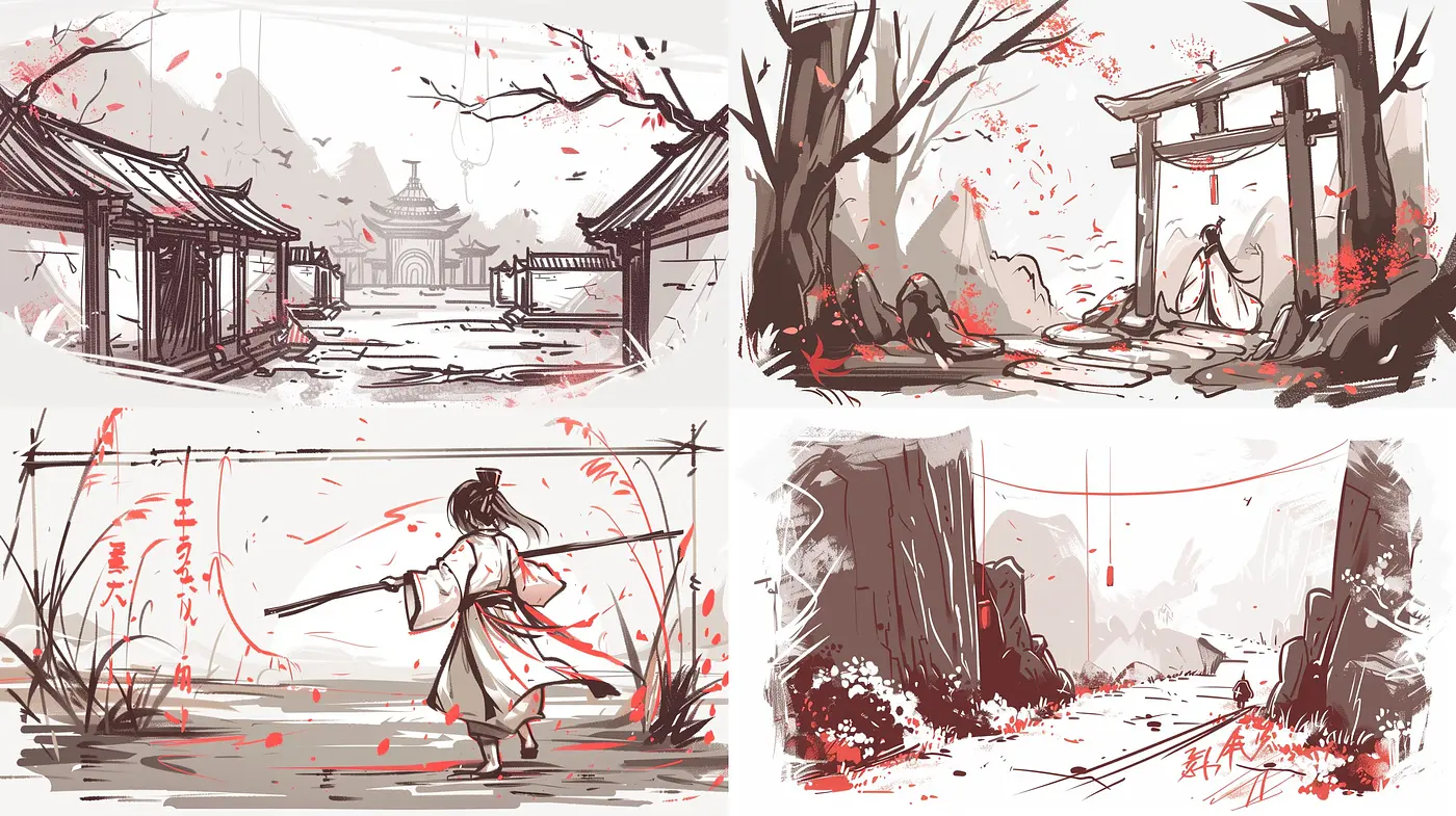 Stylized Monochrome Illustrations with Pops of Red Accentuating Asian Inspired Scenes - Midjourney sref style