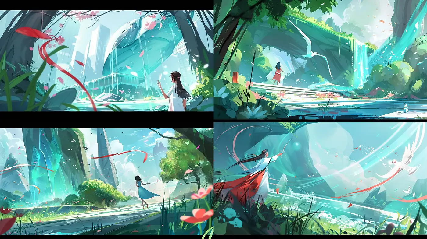 Luminous Ethereal Landscapes with Dynamic Brushwork and a Vivid Color Scheme - Midjourney sref style