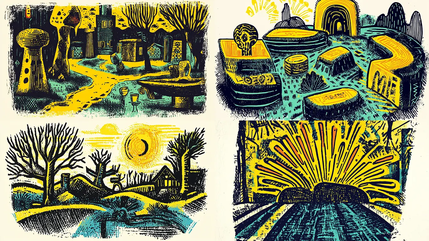 Lyrical Expressionism in a Sundrenched Woodcut Dreamscape - Midjourney sref style