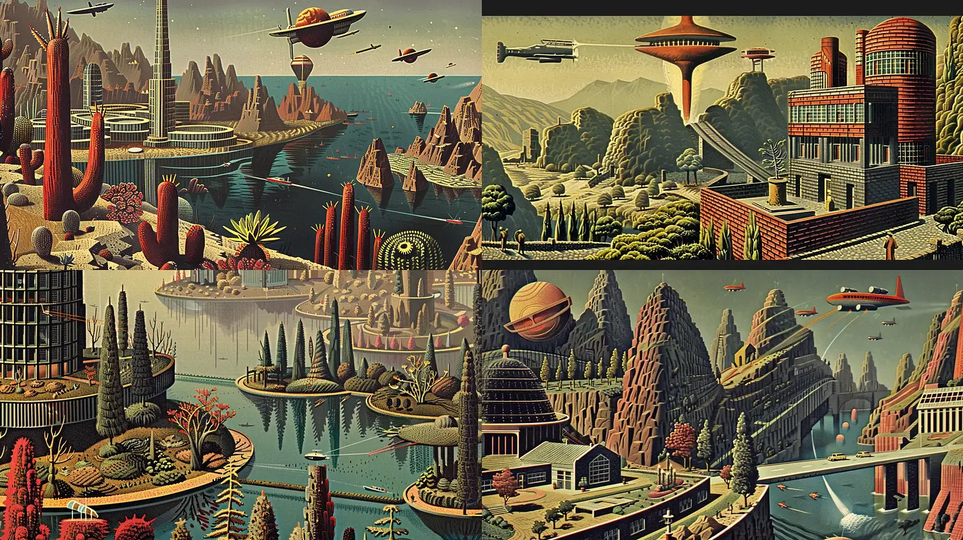 Retrofuturistic Serenity: A Harmonious Blend of Vintage Sci-Fi and Pastoral Vistas - Midjourney sref style
