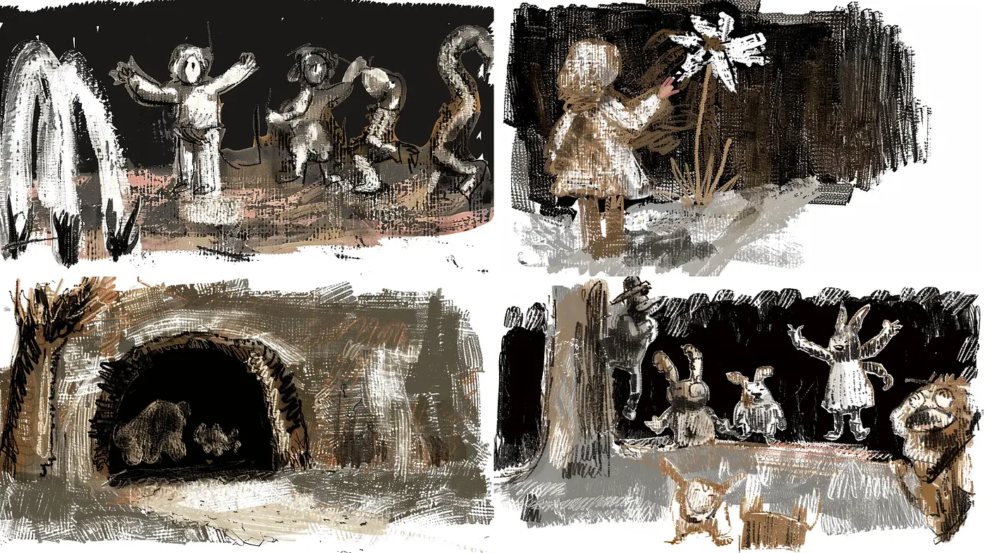 Whimsical Sketchbook Chronicles in Charcoal and Chalk - Midjourney sref style