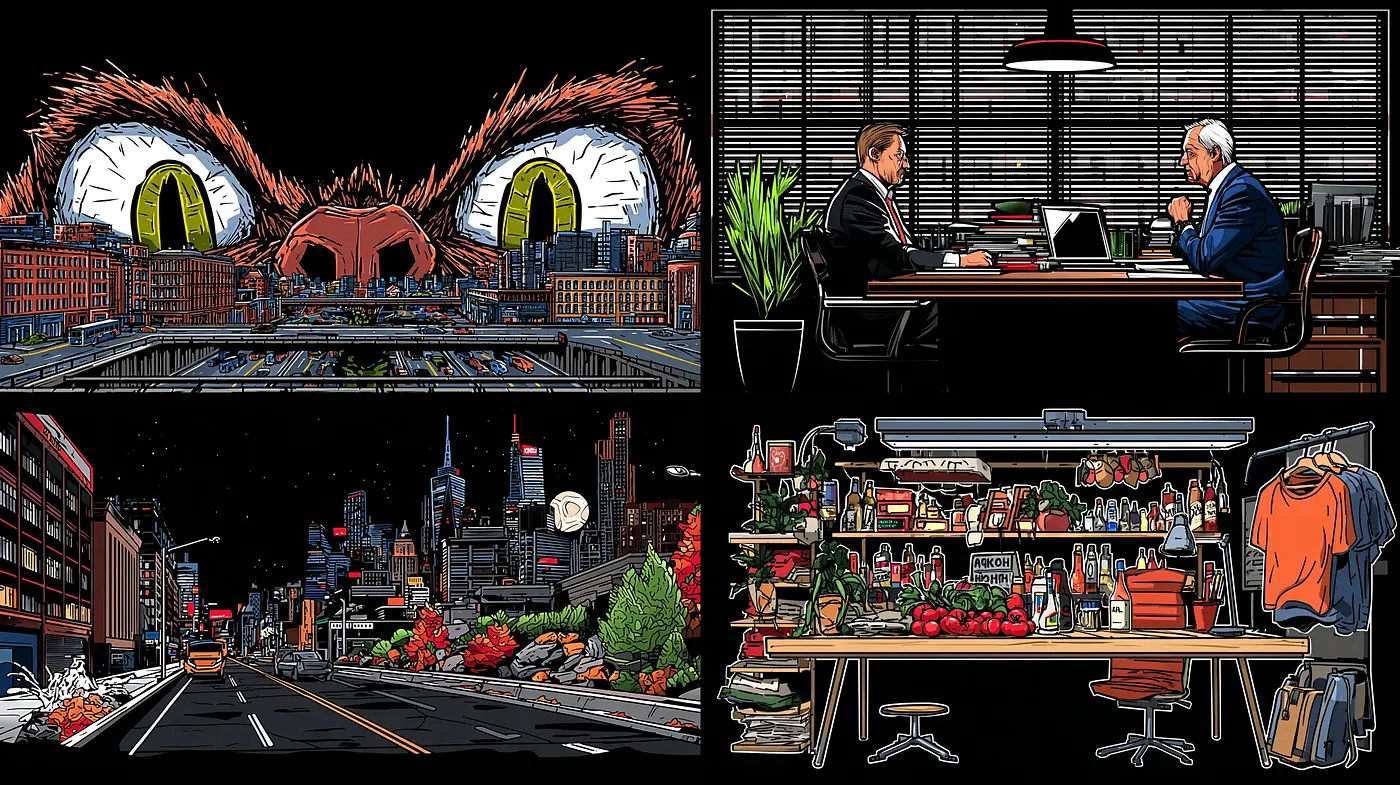 Dramatic Graphic Style Combining Urban and Character Elements - Midjourney sref style