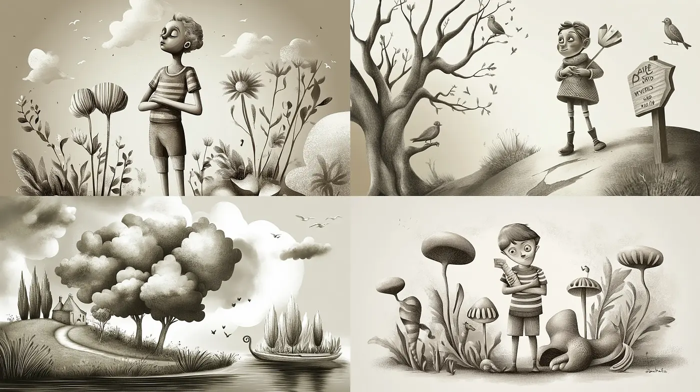 Monochromatic Whimsy: A Serene Sepia Sojourn through Stylized Landscapes - Midjourney sref style
