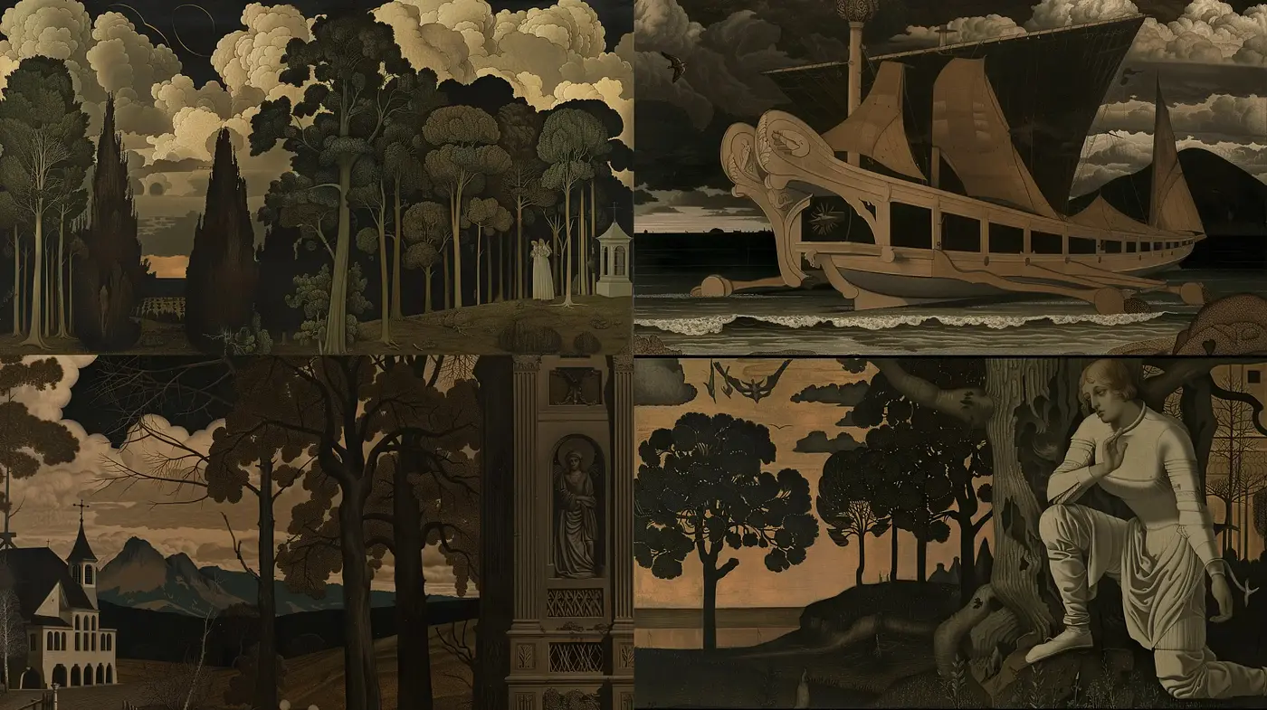 Ancient Echoes: A Surreal Homage in Sepia Tones - Midjourney sref style