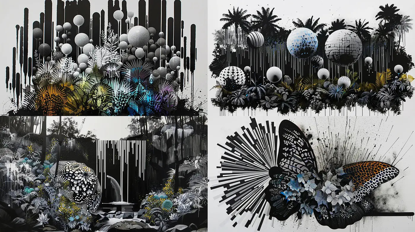 Monochromatic Dreamscape with Surreal Botanical Overtones - Midjourney sref style
