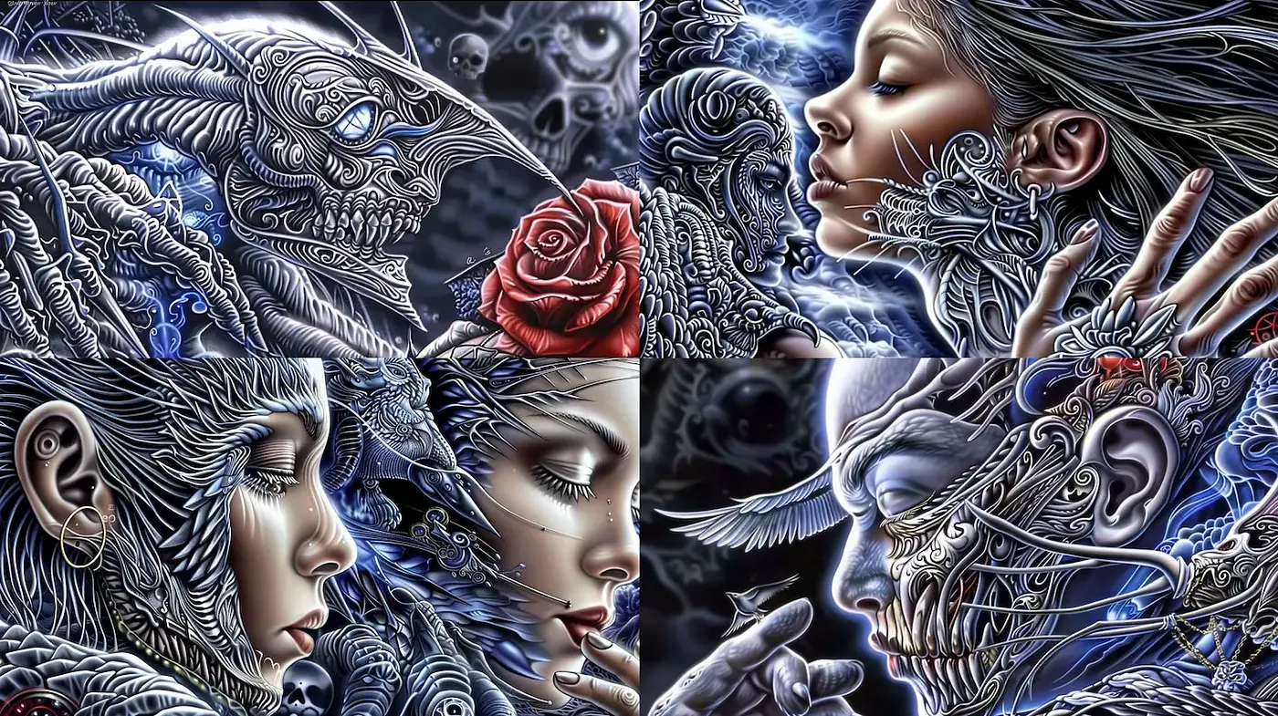 Intricate and Ethereal Graphical Exploration of Human Emotion and Mechanization - Midjourney sref style