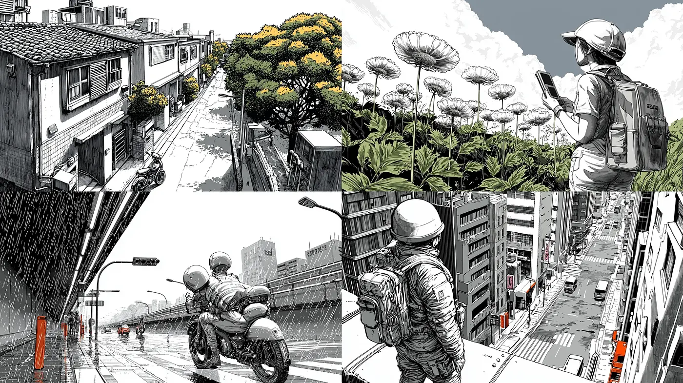 Monochromatic Urban Exploration: A Consistent Sketch-Style Journey - Midjourney sref style