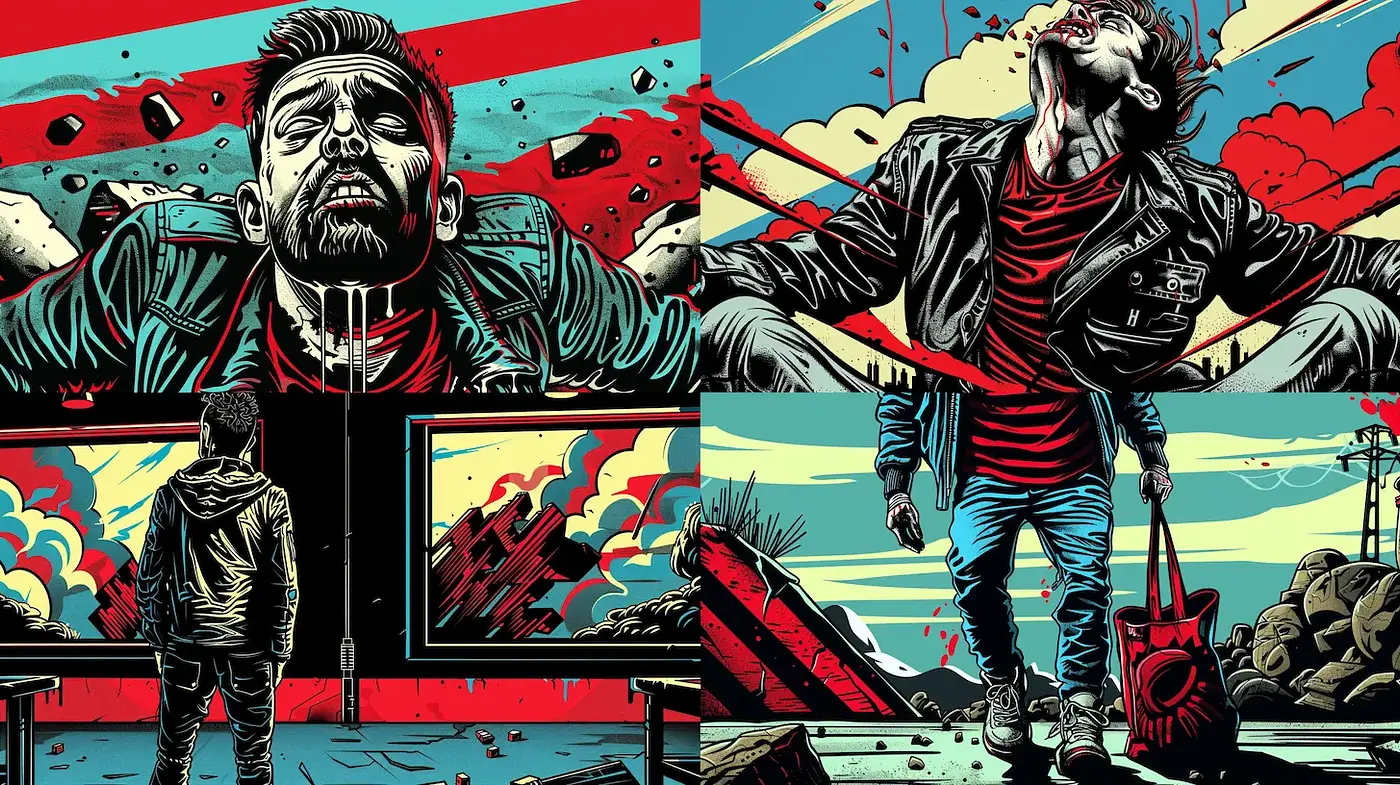 Dynamic and Emotional Visual Storytelling in Graphic Art - Midjourney sref style
