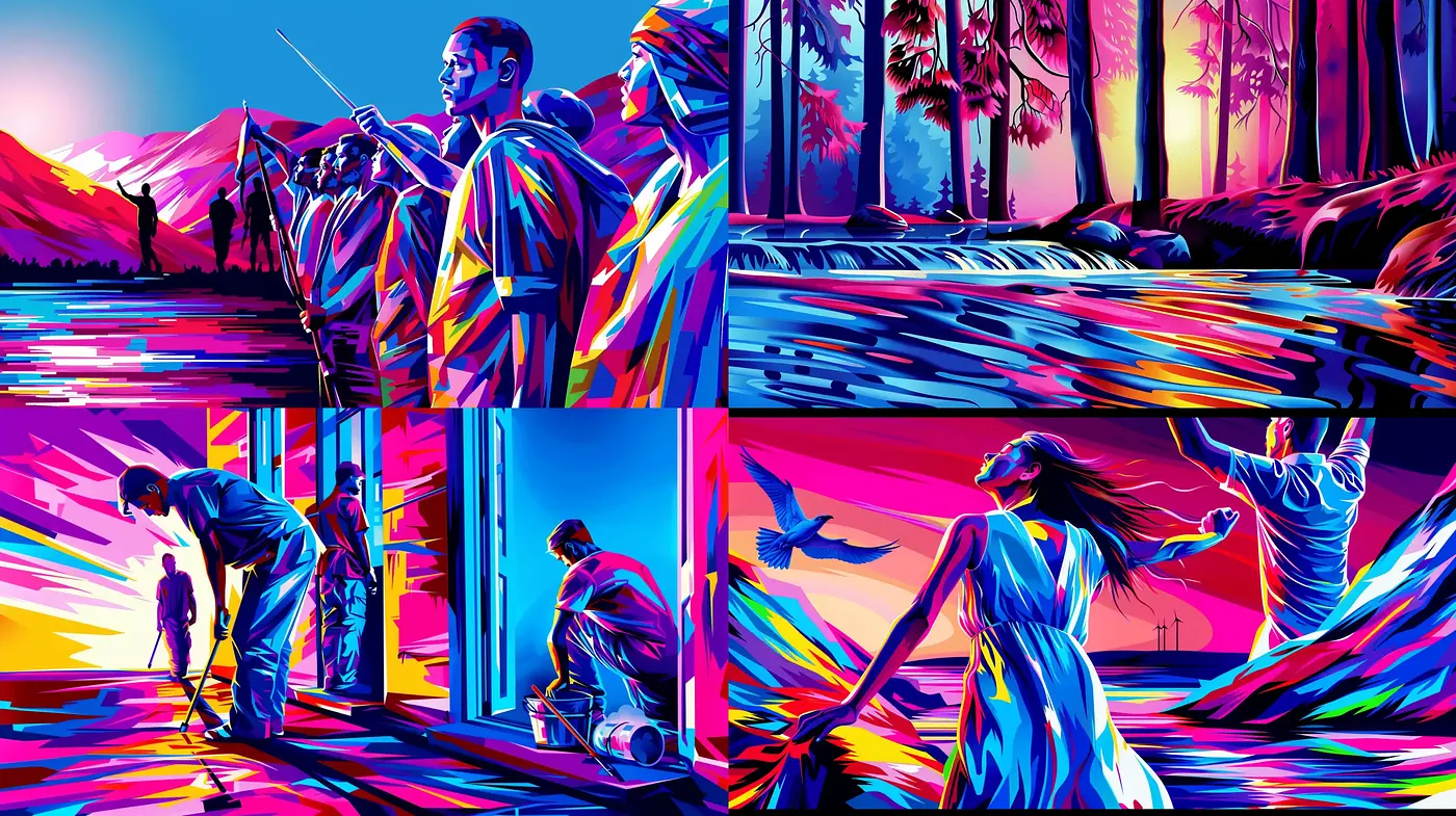 Neon-Noir Dreamscape: A Vivid Tapestry of Electric Hues and Dynamic Movement - Midjourney sref style