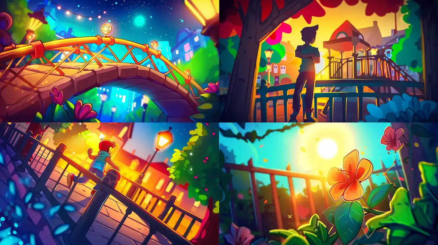 Vibrant, whimsical urban landscapes featuring enchanting atmospheres and soft pastel hues - Midjourney sref style
