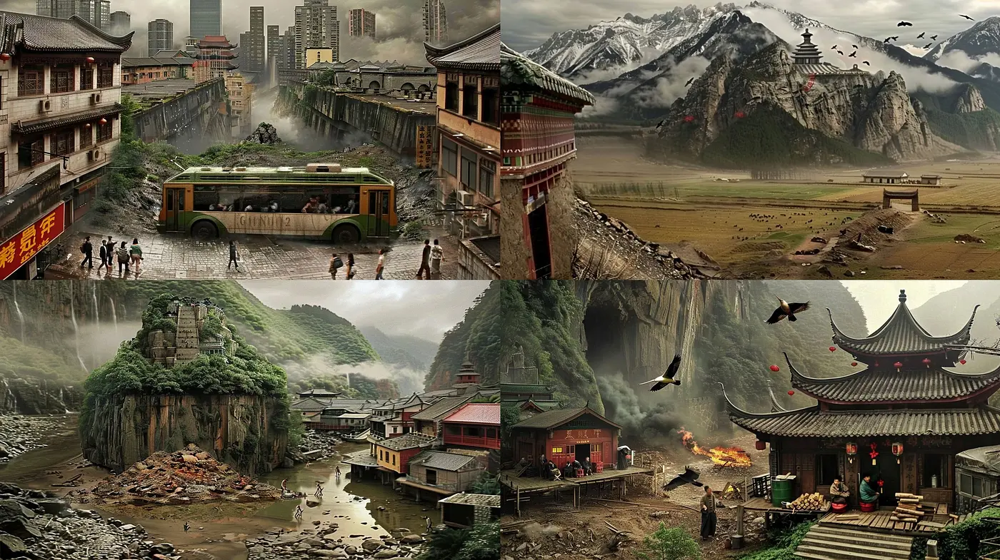 Cinematic Fusion of Traditional Eastern Elements with a Dystopian Aura - Midjourney sref style