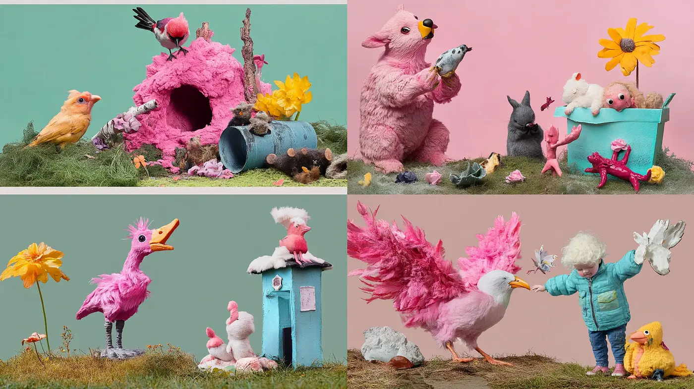Whimsical Avian Fantasia: A Collision of Pastel Dreamscape and Surrealism - Midjourney sref style