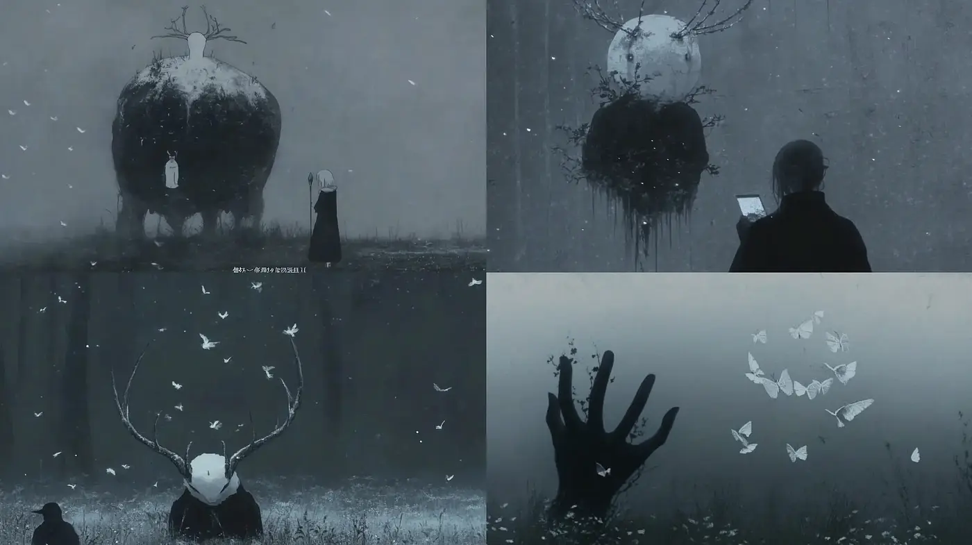 Ethereal Monochrome Dreamscape: A Fusion of Surrealism and Dark Fantasy - Midjourney sref style