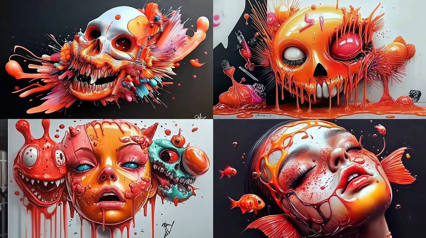 Vibrant Surreal Extravaganza with a Splatter Art Fusion - Midjourney sref style