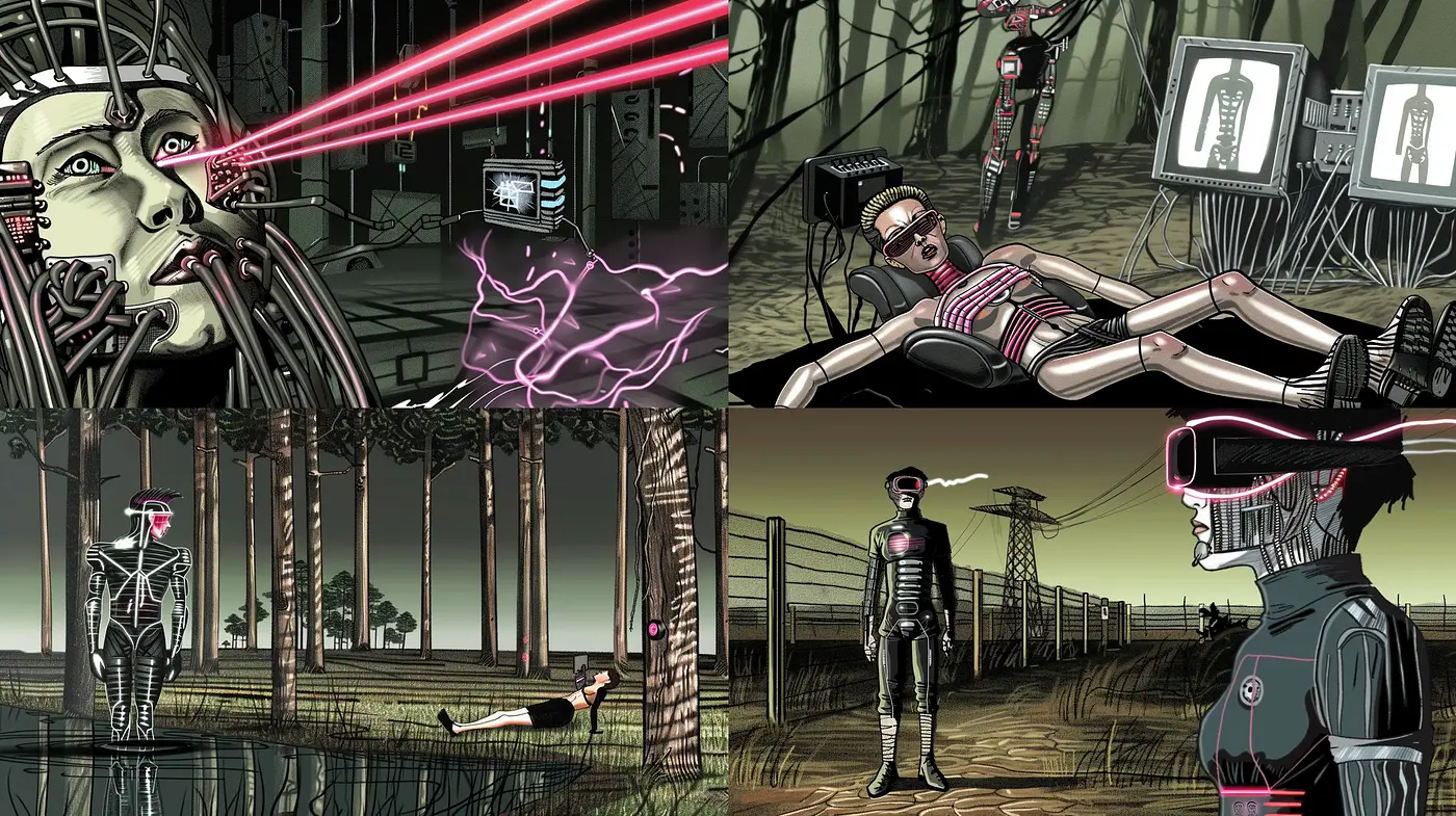 Cybernetic Twilight: A Fusion of Neon Noir and Comic Book Aesthetics - Midjourney sref style